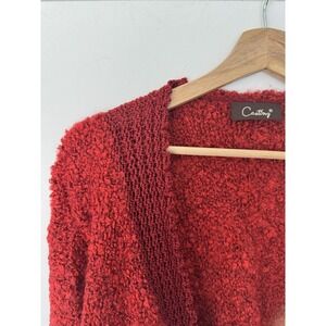 Cherry Red French Knit Cropped Cardigan Chunky Sweater Crocheted Boho Festival